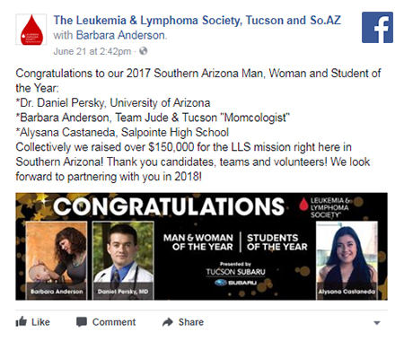 Facebook post on Leukemia & Lymphoma Society of Southern Arizona's 'People of the Year'