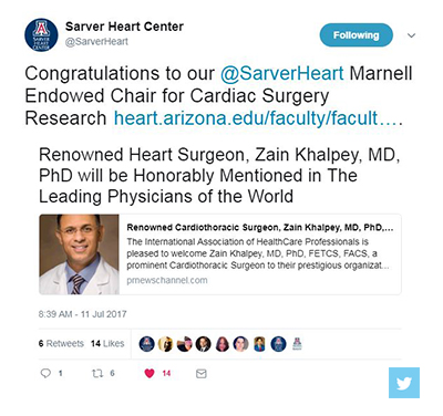 Twtter messaging congratulating Dr. Khalpey about IAHCP honor