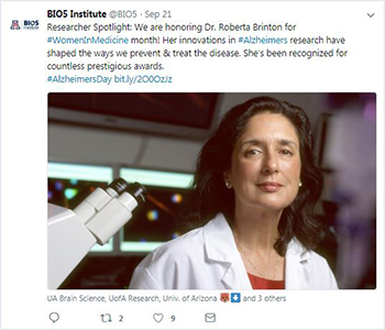 BIO5 Twitter post honoring Dr. Roberta Diaz Brinton for Women in Medicine Month