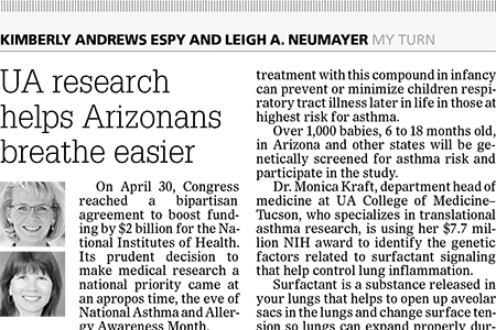 Slice of Arizona Republic op-ed from 5-31-2017 on UA asthma research