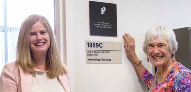 Dr. Julie Bauman and her mother, Dr. Kay Bauman, next to the relocated plaque in her father's honor
