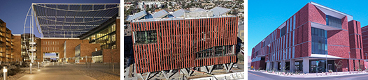 Three images of buildings on University of Arizona Health Sciences Tucson campus - (left to right) Thomas Keating Building/Medical Research Buildings which house BIO5 Institute, Health Sciences Innovation Building and Biosciences Research Laboratory, or BSRL