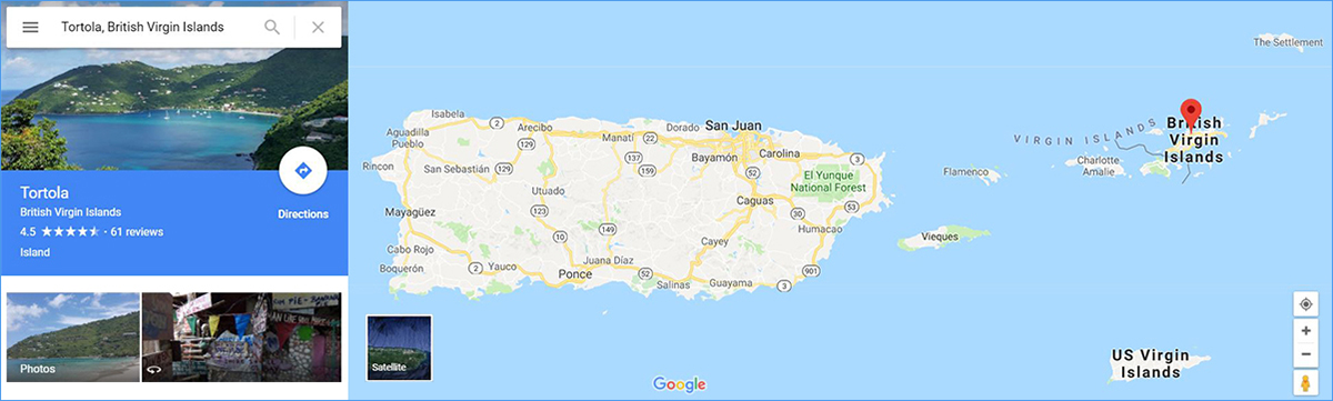 Google map of Puerto Rico and the Virgin Islands