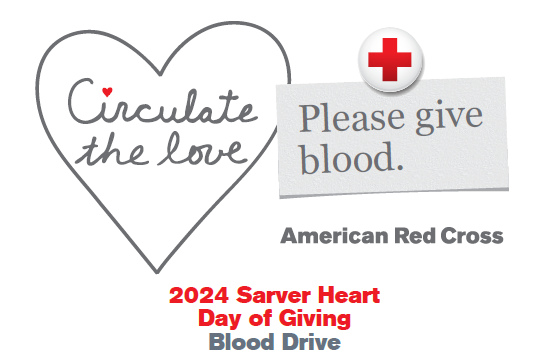 [Circulate the Love - Please give blood; 2024 Sarver Heart Day of Giving Blood Drive logo]