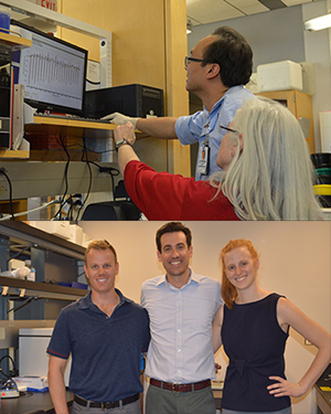 Top image: Drs. Keng Pineda and Jil Tardiff look at research data; Bottom: Dr. Jordan Lancaster with med students Giuliana Repeti and Pierce Bradley