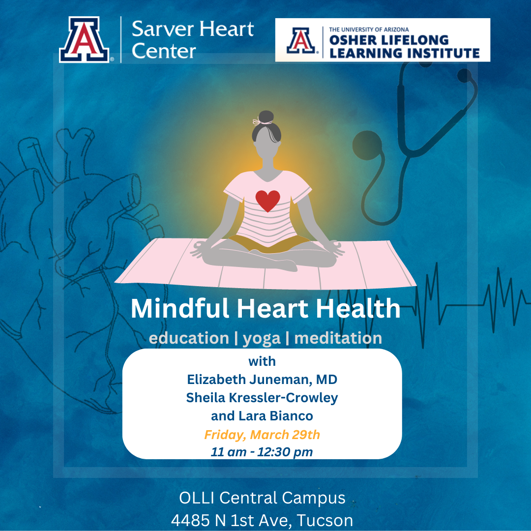 [Social media promotion image for Sarver Heart Center OLLI Lecture Series event on March 29, 2024, with Elizabeth Juneman, MD]
