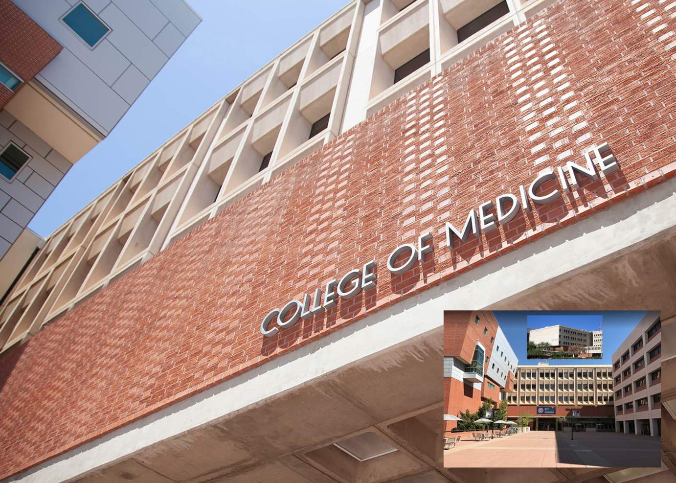 [Photo looking up at entrance to University of Arizona College of Medicine – Tucson with additional views inset]