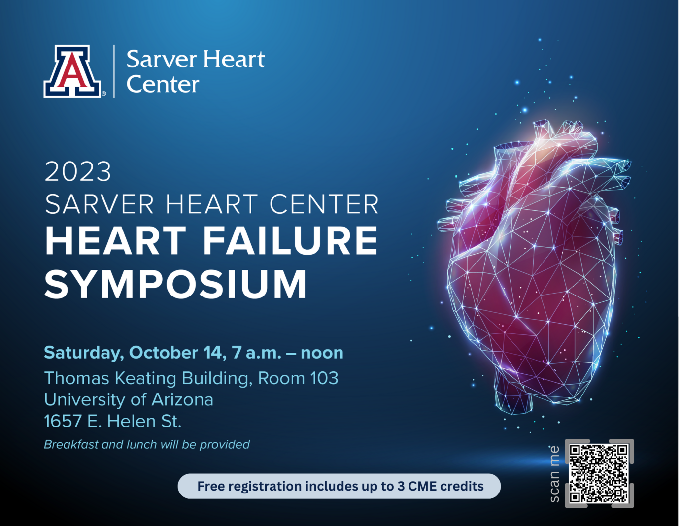 [Graphic with a human red heart on a field of blue with a logo of the University of Arizona Sarver Heart Center and the where and when of its 2023 Heart Failure Symposium]