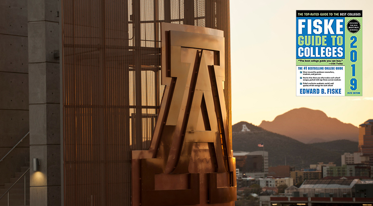 Sunset photo of block A on UA football stadium inset with cover for Fiske Guide to Colleges 2019 edition