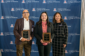 Recognized for GME Excellence were Medicine’s Bujji Ainapurapu, MD, associate program director, Internal Medicine Residency, and Olivia Hung, MD, PhD, Cardiology education director at South campus, pictured here with presenter Dr. Allie Min.