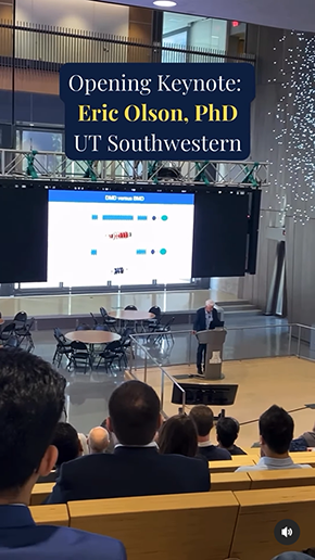 [The University of Texas Southwestern’s Eric Olsen, PhD, gives the keynote address on “Muscle Making and Muscle Breaking” for the Sarver Heart Center’s inaugural Cardiovascular Research Symposium in the HSIB Forum at the U of A Health Sciences Innovation Building, Feb. 3, 2025.]