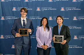 Pictured (from left) are anatomy instructor James Proffitt, PhD (Cellular & Molecular Medicine); presenter Dr. Parikh; and Medicine’s Salma Patel, MD, MPH, associate program director for the Sleep Medicine Fellowship and chair of the GME Subcommittee for Research. Both won Excellence in Science Awards for early-career faculty.