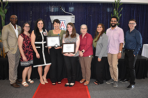 [The Department of Medicine’s nominees for the 2024 Lura Hanekamp Dedicated Staff Award of Excellence, Brenda Lambert and Courtney Smith (center), with colleagues (from left) Dr. Christian Bime, Kaitlynn Perez, Bersabe Lopez, Lambert, Smith, Helen Hill, Jacqueline Carrillo, Will Hill, and Tera Bolton.]