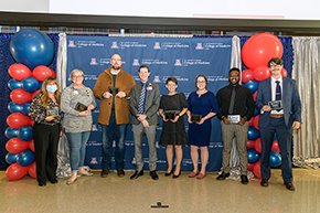 Among winners of the teaching professionalism awards were Amy Sussman, MD, director of the Department of Medicine Education Office, the Medicine Clerkship and Nephrology Fellowship; OB-GYN’s Dawn Martin-Herring, MD, MPH; Justin Darling, Curricular Affairs; Selma Ajanovic, MBA, Student Affairs; Davina Dobbins (MS2); Oluwatobi Odeneye (MS3); and James Proffitt, PhD, Cellular & Molecular Medicine. Also pictured is presenter Dr. Kevin Moynahan, MD (center in gray jacket).