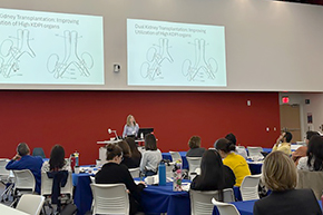 [Abdominal transplant surgeon Dr. Alexandra Turner shows how a dual kidney transplantation might occur.]