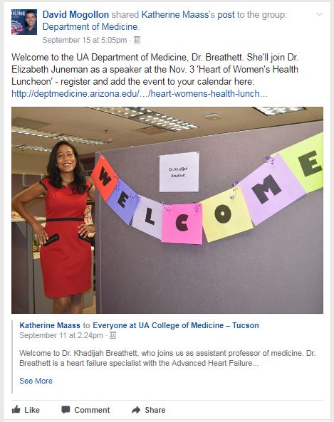 Workplace post on first day for Dr. Khadijah Breathett