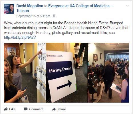 Workplace post about Banner Hiring Event on Sept. 14