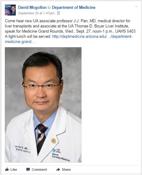 Workplace post on Dr. J.J. Pan's first grand rounds at UA