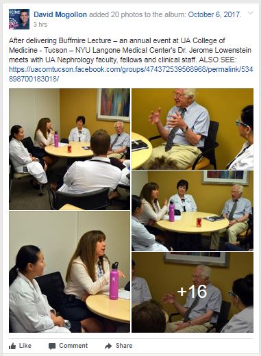 Workplace post on Dr. Jerome Lowenstein meeting with UA Nephrology faculty