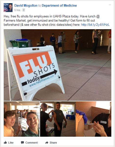 Workplace post on free flu shot clinic in UAHS Plaza on Oct. 6