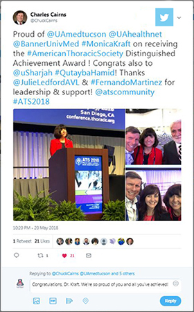 Dr. Kraft's husband, Dr. Charles Cairns – dean of the UA College of Medicine - Tucson – tweeted about his wife's award Sunday night