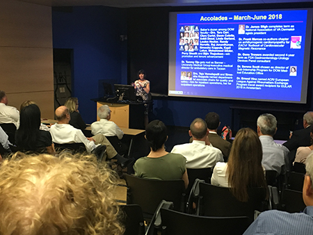 DOM Chair Dr. Monica Kraft addresses faculty at June 2018 general faculty meeting