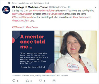 UA College of Medicine Twitter post honoring Dr. Nancy Sweitzer for Women in Medicine Month