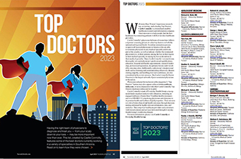 First two pages of Tucson Lifestyle's Top Doctors 2023 feature story in its April issue
