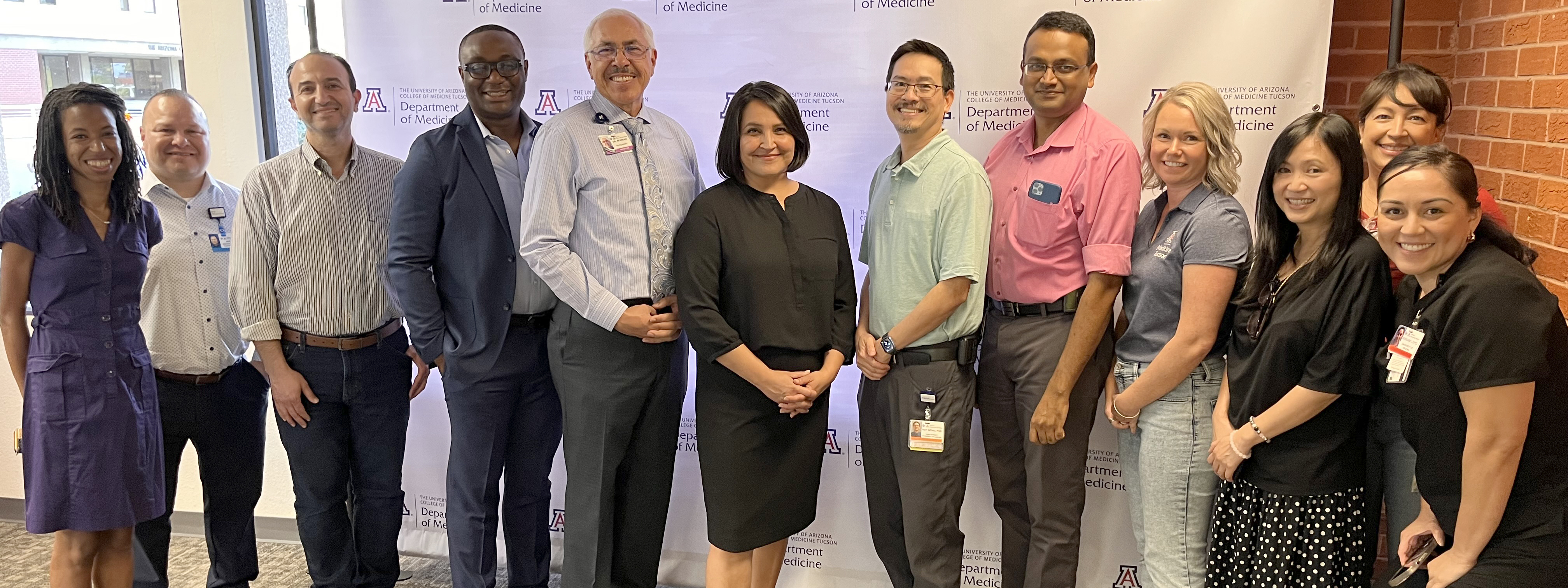 [Bijin Thajudeen, MD, DEI champion for the Department of Medicine and a professor in the Division of Nephrology (pictured fifth from the right), helped coordinate a DOM Diversity, Equity & Inclusion mixer in August 2023 to welcome students, residents and fellows back for the start of the fall semester. UAHS and COM-T DEI leaders Francisco Moreno, MD, and Celia Valenzuela, MD, (fifth and sixth from the left) were special guests.]