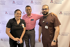 [Dr. Bijin Thajudeen (center) with Nephrology Fellowship program coordinator Bersabe Lopez (left) and Mohamad Akeel Al-Mula Hwaish, MD, a resident in the Internal Medicine Residency Program – Tucson Campus, at a DEI Mixer hosted in August 2023.]