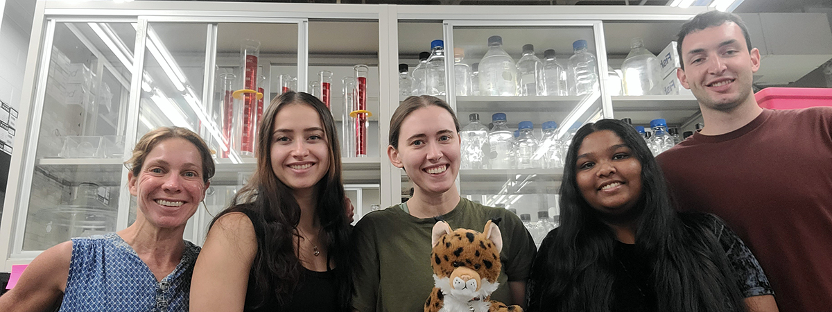 [Left to right: The Division of Endocrinology’s Jennifer Stern, PhD, and her trainees, Kassandra Bruner, Isabella Byington (“with our Wildcat mascot, Polly, short for ‘Polymerase’”), Yashika Shaju (Honors undergraduate student), and Thadeus Carolyn (2024 summer intern).]