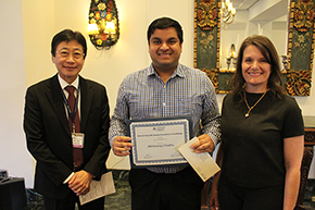 [Winner of a Zenas B. Noon MD Award of Excellence in Cardiology is student Abhimanyu Chadha (center), with DOM chair Drs. James Liao and Elizabeth Juneman, interim Cardiology chief and interim Sarver Heart Center director.]