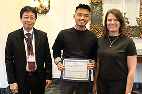 [Matthew Arnel Ibarrola Mendoza, MD (center), winner of the Charles W. Hall Jr. & Virginia C. Hall Memorial Award for Outstanding House Officer on the Coronary Care Unit, with DOM chair Drs. James Liao and Elizabeth Juneman, interim Cardiology chief and interim Sarver Heart Center director.]