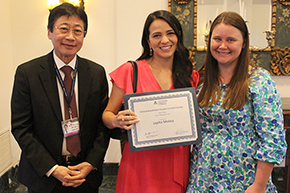 [Lupita Molina (center), winner of the Outstanding Medical Student in Endocrinology Award, presented by Endocrinology fellowship associate program director Dr. Sara Penquite (right) and DOM Chair Dr. James Liao (left).]