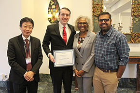 [Benjamin Nichols (center), Outstanding Student in Gastroenterology and Hepatology Award winner, with the GI division chief Drs. Juanita Merchant and Avin Aggarwal, who are GI fellowship director and associate program director (right), and DOM Chair Dr. James Liao (left).]