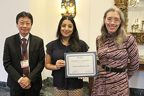 [Madhulika Banerjee, MD (center), winner of the Outstanding Resident in Palliative Medicine Award from the Division of General Internal Medicine, Geriatrics & Palliative Medicine, with presenters, Dr. Amy Klein (right), Hospice & Palliative Medicine Fellowship director, and DOM Chair Dr. James Liao (left).]