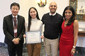 [Nicole Kummet (center), winner of the Outstanding Student in Hematology & Oncology Award, with presenters (on right) Dr. Akshay Amaraneni, Hem-Onc fellowship associate program director, and Hem-Onc division chief Dr. Rachna Shroff, and DOM Chair Dr. James Liao (left).]