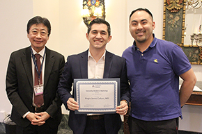 [Biagio James Collura, MD (center), winner of the Outstanding Resident in Nephrology Award, with presenter Dr. Ryan Wong (right), Nephrology division faculty member and DOM internal medicine sub-internship director, and DOM Chair Dr. James Liao (left).]