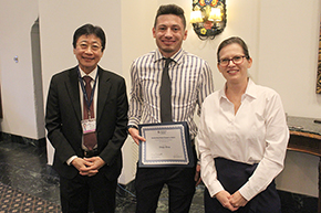 [Winner of the Outstanding Medical Student Award for the Division of Pulmonary, Allergy, Critical Care & Sleep Medicine Diego Blew (center) with presenter Dr. Laura Meinke (right), a critical care specialist in the division, and DOM Chair Dr. James Liao (left).]