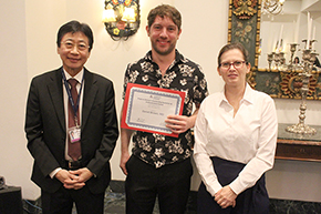 [Winner of the Internal Medicine Residency Program Directors Award for Outstanding Humanism & Professionalism, Daniel Brown, MD (center), with presenter and IMRP – Tucson Campus director Dr. Laura Meinke (right), and DOM Chair Dr. James Liao (left).]