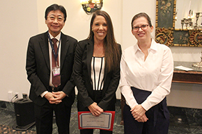 [Pulmonary & Critical Care Medicine Chief Fellow Sarah Upson, MD (center)—winner of the Outstanding Medicine Fellow Award—with Internal Medicine Residency Program – Tucson Campus director Dr. Laura Meinke (right), and DOM Chair Dr. James Liao (left).]