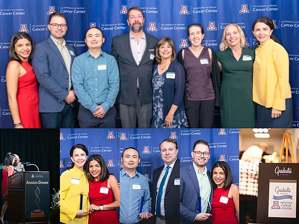 A collage of images from the 2nd Annual UACC Awards Dinner: (top image, from left) University of Arizona Cancer Center 2024 award winners (from left) Rachna Shroff, MD, Aaron Scott, MD, Jianqin Lu, PhD, Andrew Paek, PhD, Cynthia Thomson, PhD, Jennifer Erdrich, MD, Heidi Hamann, PhD, Clara Curiel-Lewandrowski, MD.