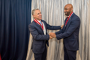 [Congratulating each other on their new status as College of Medicine – Tucson endowed chairs: Hesham Sadek, MD, PhD, Cardiology division chief and Sarver Heart Center director, and Sakthivel Sadayappan, PhD, chair, Department of Cellular & Molecular Medicine, and associate director, Sarver Heart Center.]