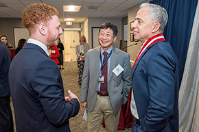 [James K. Liao, MD, chair, Department of Medicine (which includes Division of Cardiology), shares a lighter moment with Ali Sadek (left), a UT Southwestern medical student and son of Cardiology division chief and Sarver Heart Center director Hesham Sadek, MD, PhD (right).]