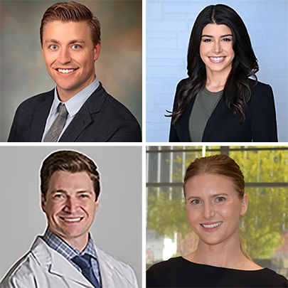 [Portraits of, clockwise from above left: Mitchell Davis, MD, Mariana Perez, MD, Alyssa Thompson, MD, and Andrew Roth, MD]