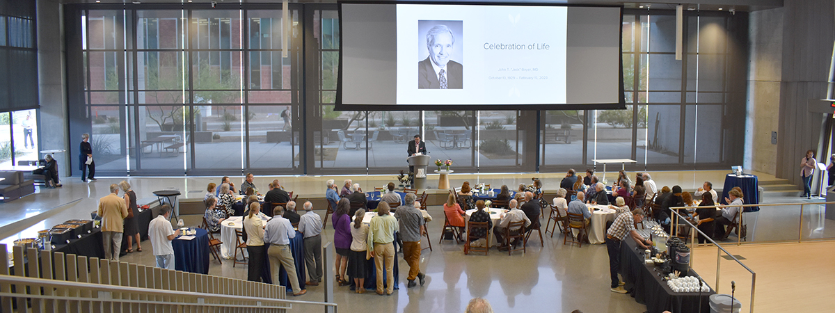 Family and friends of the late Dr. John T. "Jack" Boyer gather May 16 in HSIB Forum of the Health Sciences Innovation building to celebtrate his life.