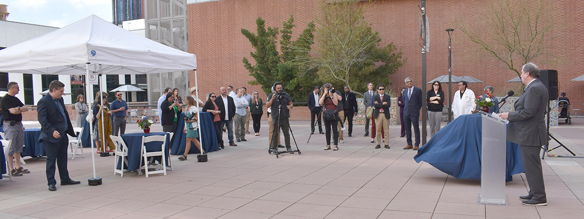Celebrants gather in the UArizona College of Medicine - Tucson plaza for a ribbon-cutting and open house for the Center for Sleep, Circadian Rhythm and Neuroscience Research's new digs courtesy of a $5 million construction grant from the National Institutes of Health.