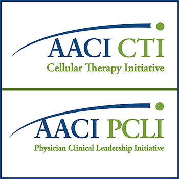 [Logos for the Association of American Cancer Institutes Physician Clinical Leadership Initiative (above) and AACI Cellular Therapy Initiative (below)]