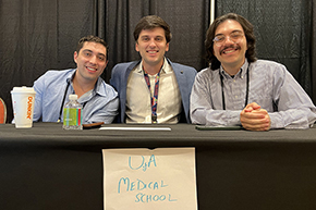 [U of A College of Medicine – Tucson medical students Curtis Josephs, Jacob Ref and David Mintz (MS4s) after the first round of the Doctor’s Dilemma competition.]