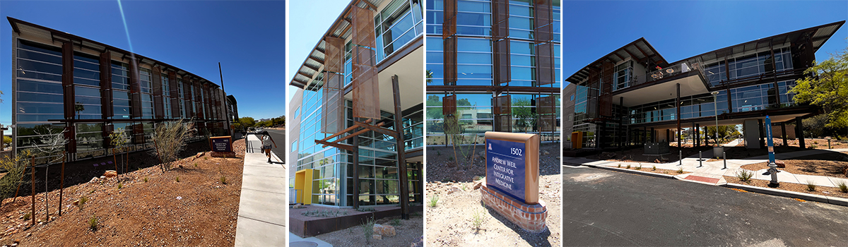 [Photo collage of Andrew Weil Center for Integrative Medicine’s new building complex (Credit: David Mogollon, University of Arizona Department of Medicine)]